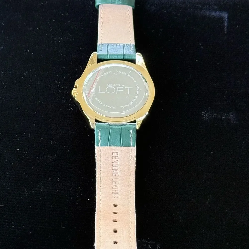 LOFT Gold Tone Green Croc Leather Band Watch Mother Of Pearl Face NWOT
